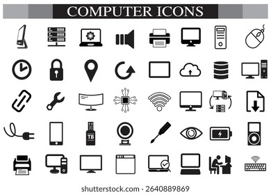 Computer icon set. Computer, network, website, server, web design, monitor, smartphone, tablet and laptop and programming, icons vector collection.