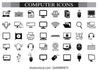 Computer icon set. Computer, network, website, server, web design, monitor, smartphone, tablet and laptop and programming, icons vector collection.