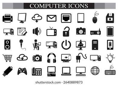 Computer icon set. Computer, network, website, server, web design, monitor, smartphone, tablet and laptop and programming, icons vector collection.