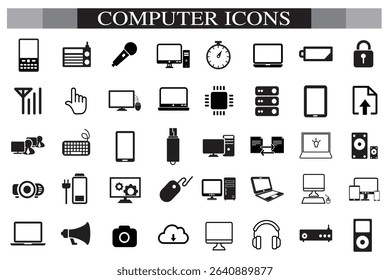 Computer icon set. Computer, network, website, server, web design, monitor, smartphone, tablet and laptop and programming, icons vector collection.