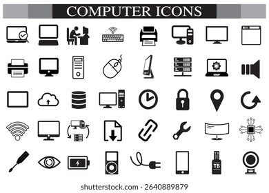 Computer icon set. Computer, network, website, server, web design, monitor, smartphone, tablet and laptop and programming, icons vector collection.