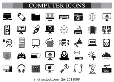Computer icon set. Computer, network, website, server, web design, monitor, smartphone, tablet and laptop and programming, icons vector collection.