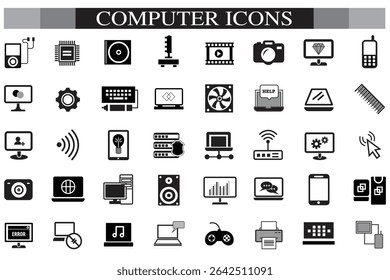 Computer icon set. Computer, network, website, server, web design, monitor, smartphone, tablet and laptop and programming, icons vector collection.