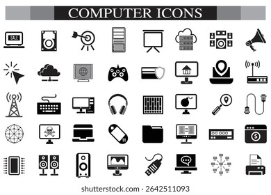 Computer icon set. Computer, network, website, server, web design, monitor, smartphone, tablet and laptop and programming, icons vector collection.