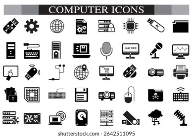 Computer icon set. Computer, network, website, server, web design, monitor, smartphone, tablet and laptop and programming, icons vector collection.
