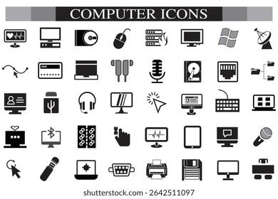 Computer icon set. Computer, network, website, server, web design, monitor, smartphone, tablet and laptop and programming, icons vector collection.