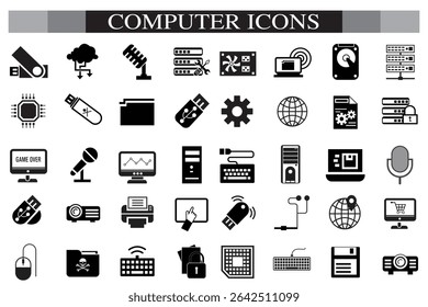 Computer icon set. Computer, network, website, server, web design, monitor, smartphone, tablet and laptop and programming, icons vector collection.