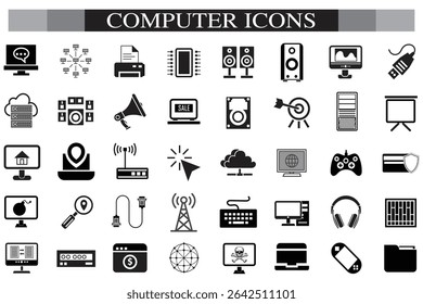Computer icon set. Computer, network, website, server, web design, monitor, smartphone, tablet and laptop and programming, icons vector collection.