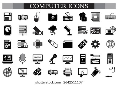 Computer icon set. Computer, network, website, server, web design, monitor, smartphone, tablet and laptop and programming, icons vector collection.