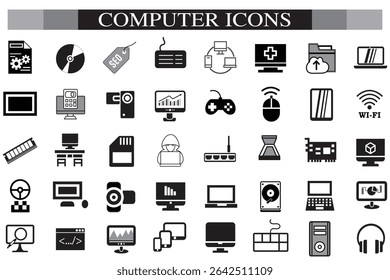Computer icon set. Computer, network, website, server, web design, monitor, smartphone, tablet and laptop and programming, icons vector collection.