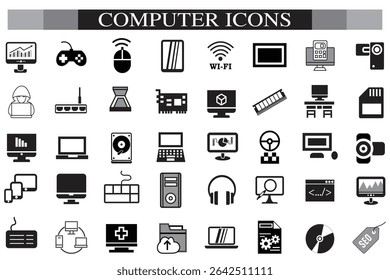 Computer icon set. Computer, network, website, server, web design, monitor, smartphone, tablet and laptop and programming, icons vector collection.