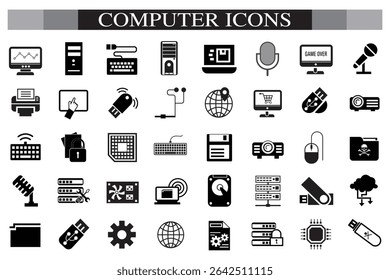 Computer icon set. Computer, network, website, server, web design, monitor, smartphone, tablet and laptop and programming, icons vector collection.