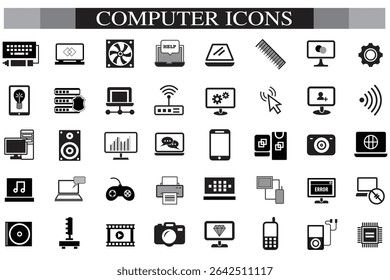Computer icon set. Computer, network, website, server, web design, monitor, smartphone, tablet and laptop and programming, icons vector collection.