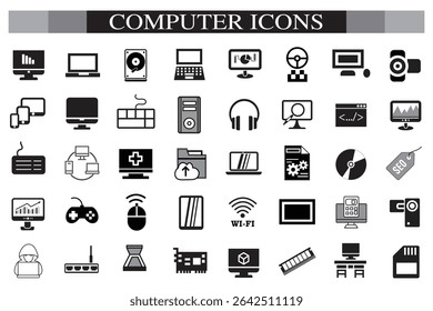 Computer icon set. Computer, network, website, server, web design, monitor, smartphone, tablet and laptop and programming, icons vector collection.