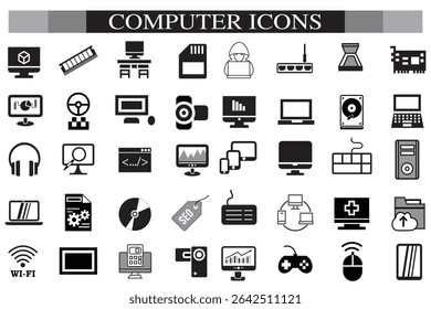 Computer icon set. Computer, network, website, server, web design, monitor, smartphone, tablet and laptop and programming, icons vector collection.