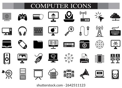 Ícone do computador definido. Computador, rede, site, servidor, web design, monitor, smartphone, tablet e laptop e programação, coleção de vetores de ícones.