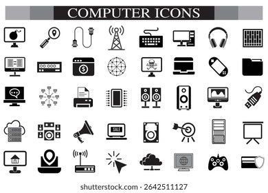 Computer icon set. Computer, network, website, server, web design, monitor, smartphone, tablet and laptop and programming, icons vector collection.
