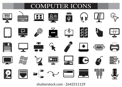 Computer icon set. Computer, network, website, server, web design, monitor, smartphone, tablet and laptop and programming, icons vector collection.