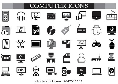 Computer icon set. Computer, network, website, server, web design, monitor, smartphone, tablet and laptop and programming, icons vector collection.