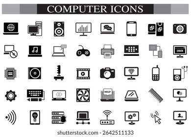Computer icon set. Computer, network, website, server, web design, monitor, smartphone, tablet and laptop and programming, icons vector collection.