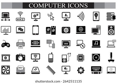 Computer icon set. Computer, network, website, server, web design, monitor, smartphone, tablet and laptop and programming, icons vector collection.