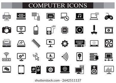 Computer icon set. Computer, network, website, server, web design, monitor, smartphone, tablet and laptop and programming, icons vector collection.