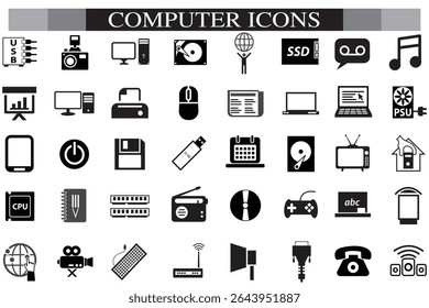 Computer icon set, computer, network, website, server, web design, monitor, tablet and laptop icons vector collection.