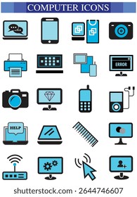 Computer icon set, computer, network, website, server, web design, monitor, tablet and laptop icons vector collection.