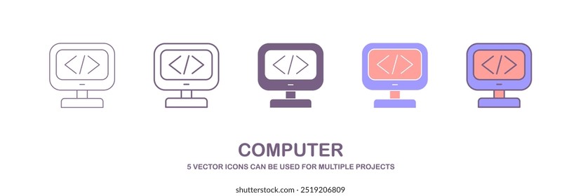 Ícone do computador definido. Uma série de cinco ícones de monitor de computador em uma linha. monitor de computador ícone vetor, um conjunto de ícones com 5 estilos diferentes