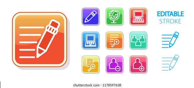 Computer icon set. Social media networks, business and education tech buttons. Colorful rainbow web app icons. Editable stroke. Vector illustration.
