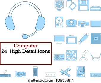 Computer Icon Set. Thin Line With Blue Fill Design. Vector Illustration.