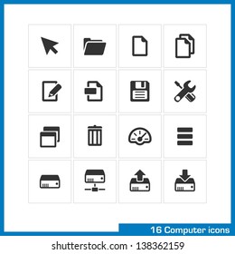 Computer Icon Set. Vector Black Pictograms For Web And Mobile Apps, Internet, Interface Design: Cursor, Folder, File, Copy, Edit, Save, Settings, Dashboard, Network Drive, Download, Upload  Symbol