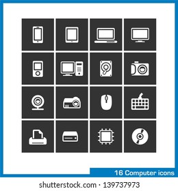 Computer icon set. Vector white pictograms for web, interface design: phone, tablet, notebook, monitor, mp3 player, PC, hard drive, camera, web cam, projector, mouse, keyboard, print and CD symbol 