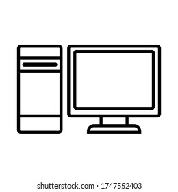 Computer icon. System unit and monitor. Front view. Black contour silhouette. Vector flat graphic illustration. Isolated object on a white background. Isolate.