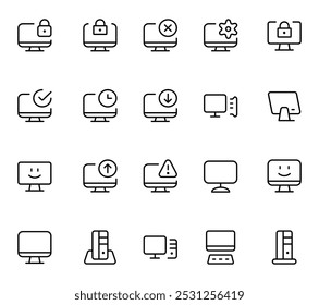 Computer icon, technology icon set. computer function, Data transfer, computer lock, computer set up, setting, options linear vector icon collection.