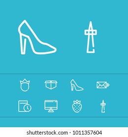 Computer icon with television, strawberry and date editable symbols. Set of footwear, shoe, monitor icons and stiletto concept. Editable vector elements for logo app UI design.