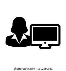 Computer icon vector female person user with computer monitor screen avatar in flat color in Glyph Pictogram Symbol illustration