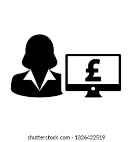 Computer icon vector female person user avatar with monitor screen and pound sign in flat color in Glyph Pictogram Symbol illustration