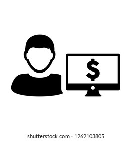 Computer icon vector male person user avatar with monitor screen and dollar sign in flat color in Glyph Pictogram Symbol illustration