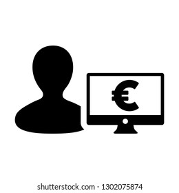 Computer icon vector male person user avatar with monitor screen and euro sign in flat color in Glyph Pictogram Symbol illustration