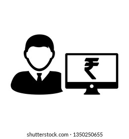 Computer icon vector male person user avatar with monitor screen and Rupee sign in flat color in Glyph Pictogram Symbol illustration