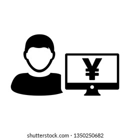 Computer icon vector male person user avatar with monitor screen and Yen sign in flat color in Glyph Pictogram Symbol illustration