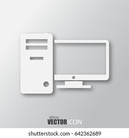 Computer icon in white style with shadow isolated on grey background. For your design, logo. Vector illustration.