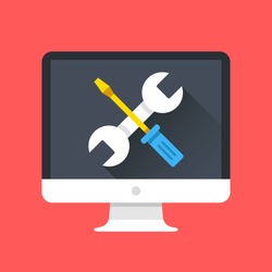 Computer Icon With Wrench And Screwdriver On Screen. Computer Repair Services, Technical Support Concepts. Modern Flat Design Graphic Elements. Vector Illustration