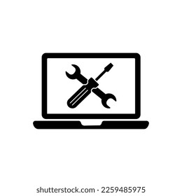 Computer icon with wrench and screwdriver on screen. Computer repair services, settings, technical support concepts. Vector illustration.