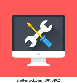 Computer icon with wrench and screwdriver on screen. Computer repair services, technical support concepts. Modern flat design graphic elements. Vector illustration