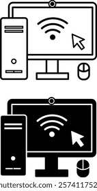 Computer Icons. Black and White Vector Icons. System Unit, Monitor, Internet, and Computer Mouse. Office Concept