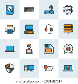 Computer icons colored line set with computer keyboard, folder, hard disk and other hdd elements. Isolated vector illustration computer icons.
