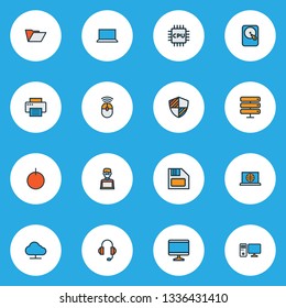 Computer icons colored line set with PC, laptop, floppy disk and other hdd elements. Isolated vector illustration computer icons.