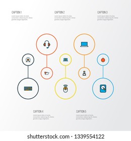 Computer icons colored line set with internet, man with laptop, computer mouse and other camera elements. Isolated vector illustration computer icons.